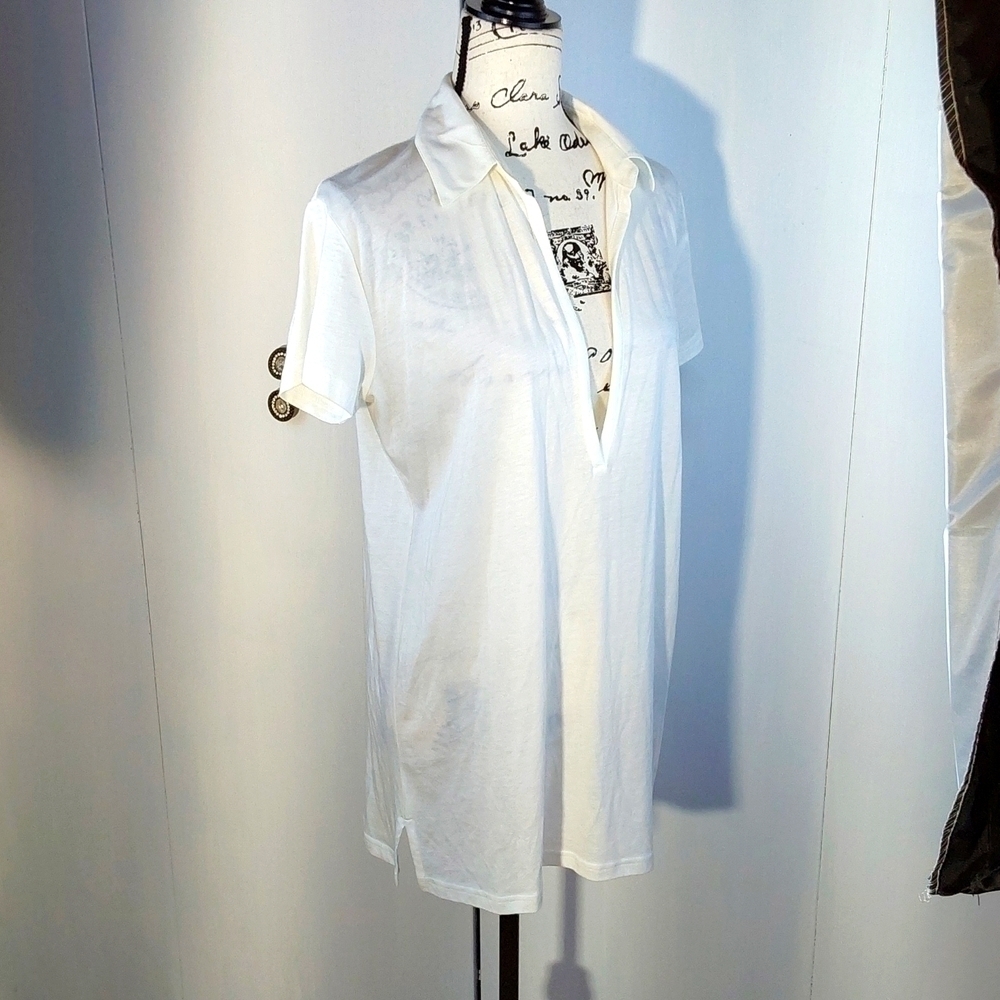 Talbots| Womens White Plunging V Neckline Short Sleeve Top Neutral Mod Sz.M
